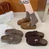 Versión de Lana de Vacuno Zapatos Birkenstock de Suela Gruesa para Mujer Calientes con Felpa Adicional Slip-On Persona Perezosa Zapatos de Algodón con Pelo Punta Cerrada Medias Zapatillas