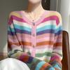 Cárdigan de Cachemira y Seda de Morera Reductor de Edad Rayas Arcoíris Nuevas Otoño e Invierno Suéter Chaqueta de Cuello Redondo Suave Cómodo para Mujer