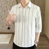 Camisa de Manga Siete Puntos para Hombre Verano Casual Camisa Rayada 2023 Nueva Manga Media Ropa Delgada Camisa Guapa