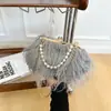 Nueva Bolsa de Felpa Retro Estilo Chino para Mujer Bolso con Borla Cadena de Perlas Bolsa de Felpa Estilo Hada Cruzada Color Sólido Bolso de Mano