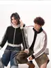 Sudadera cárdigan de punto gofre estilo americano de marca moderna con cuello alto para hombre, chaqueta deportiva casual de otoño, abrigo a rayas estilo coreano para pareja