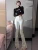 Jeans Blancos Fuiv para Mujer 2024 de Cintura Alta Elásticos Pequeños de Largo Hasta el Suelo Adelgazantes Micro-Acampanados para Figuras Pequeñas