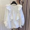 Camisa Babydoll Branca Solta Estilo Coreano Romântica com Babados Estilo Europeu, Blusa de Manga Longa para Mulheres, Novo Top para Primavera e Outono 2026