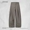 Pantalones de Pana para Hombre con Botones Diagonales Estilo Old Money, Pantalones Anchos Plisados Casuales Streetwear con un Aspecto Elegante y Caído