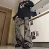 Jeans Masculino de Cintura Alta Estilo Americano Vintage Antigo com Efeito Sujo Lavado Plissado Perna Larga Tendência Europeia e Americana
