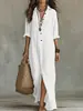 Vestido Longo Feminino Europeu e Americano Transfronteiriço Gola Camisa Single-breasted Solto Plus Size Vestido Plissado de Seda Gelada com Fenda Vestido Longo para Férias