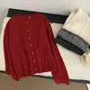 2026 Cardigan de Punto Rojo Estilo Coreano Retro Cuello Redondo Lana para Mujer Otoño Invierno Estilo Perezoso Suéter Abrigo Suave y Esponjoso