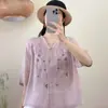 Blusa Bordada de Algodão e Linho Três Quartos da Moda para Mães, Novo Vestido de Verão para Mulheres de Meia-Idade, Camisa Elegante, Cardigã para Mulheres de Meia-Idade e Idosas
