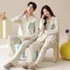 Ropa de Casa Pura de Algodón para Mujer, 100% Algodón, Se Puede Usar Afuera, Atuendo de Pareja, Cárdigan, Solapa, Pijama de Dibujos Animados, Conjunto de Dos Piezas