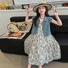 Conjunto de Duas Peças: Vestido Floral Estilo Coreano e Colete Jeans para Meninas, Vestido com Colete Infantil Tamanhos Médio e Grande, Saia Midi de Corte A, Lançamento Novo Verão 2026
