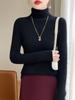 Camiseta Básica de Punto Sin Costuras con Cuello de Pila Interior para Mujer, Nueva Otoño e Invierno, Corte Ajustado, Línea Negra, Cuello Alto con Abrigo