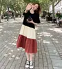Vestido de verão novo cor sólida costura contraste cor feminino estudante gola redonda manga curta solto plus size saia de balanço grande saia para grávidas