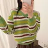 ¡Muy recomendado para uso personal! Suéter de punto calado con cuello en V y mangas largas, a rayas de bloques de color estilo coreano para mujer, perfecto para otoño, ofreciendo un look juvenil y suave.