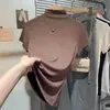 Camiseta de Manga Corta con Cuello Medio Negro de Hilo para Mujer 2024 Verano Nuevo Diseño de Camiseta Base para Hombro Estilo Occidental Top