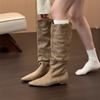 Botas Vaqueras de Tacón Grueso con Punta Botas Arrugadas Botas para Mujer 2025 Nuevo Otoño Invierno Delgadas Botas Largas de Jinete