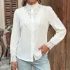 Blusa de renda vazada patchwork transfronteiriça do TikTok, nova camisa branca de renda com gola alta e mangas compridas estilo europeu e americano para mulheres