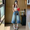 Jeans Cropped Feminino para Primavera e Verão, Cintura Alta, Estilo Vintage, Adequado para Corpo Tipo Pera, Baixinha, Estilo Americano, Calças Retas Largas Soltas de Comprimento Médio