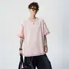 Camiseta de Sarja Masculina Manga Curta Color Block Fio Retro Japonês Ombro Caído 2026 Verão Nova Solta Tendência Versátil