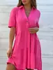 2026 Comércio Exterior Transfronteiriço Vestido Longo Feminino Europeu e Americano Amazon Cor Sólida Solto Gola Lapela Casual Manga Curta Vestido de Algodão e Linho
