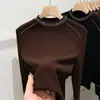 Camiseta Base Térmica de Doble Cara de Color Sólido para Invierno con Cuello Semi-Alto de Pedrería para Mujer 2025 Nueva Versátil Ajustada Cálida Engrosada
