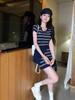 Xale Bordado de Pônei Estilo Coreano de Verão Vestido Tricô Gola Redonda Listrado de Manga Curta Saia Curta Slim que Molda o Corpo Feminino
