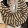 Nuevo Suéter Abrigo de Punto Grueso con Bloques de Color, Cuello en V Rayado Casual Vintage Estilo Coreano Otoño/Invierno para Mujer