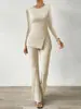 8211 Moda Femenina Elegante para el Trabajo Elegante Camiseta de Manga Larga con Cuello Redondo para Mujer Dobladillo Ventilado y Manga de Trompeta Micro