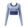 Conjunto de Yoga e Fitness Color Block para Mulheres, Top Falso Duas Peças de Manga Longa, Saia-Short Color Block de Cintura Alta, Emagrecedor, Roupa Esportiva Elástica