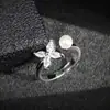 Anillo Abierto de Plata de Ley 925 con Elegante Diseño Floral, Exquisito Anillo de Perla Incrustado con Diamantes, Joyería de Plata de Ley de Moda Estilo Coreano al por Mayor