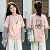Camiseta de manga longa de algodão puro para meninas, um top moderno com estampa de desenho animado e visual em camadas, novo estilo primavera/outono, versão coreana, camiseta de baixo para crianças