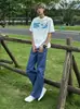 Pantalones de trabajo acampanados rectos holgados retro americanos en azul Francia para hombres y mujeres, pantalones casuales de pierna ancha de moda de alta calle para otoño e invierno