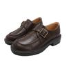 Sapatos de Couro Vintage Outono e Inverno Novo Estilo Britânico Sapatos Marrons de Salto Grosso Fivela Lateral Confortáveis Versáteis Mocassins Femininos