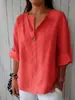 Top de Algodón y Lino de Manga Media Estilo Europeo de Moda de Hong Kong, Nuevo Top de Manga Corta Primavera/Verano con Diseño de Cuello en V, Tallas Grandes para Mujer