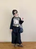 Coleção Nova Primavera 2026 Estilo Coreano Roupas Infantis Meninas Estampa de Leopardo Desenho Animado Manga Longa Raglan Camiseta Estampada Moda Camisa Básica