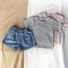 Conjunto de dos piezas de verano a rayas 2023: Top + Shorts de mezclilla, traje casual y versátil para salir para niños y niñas de 1 a 3 años