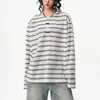 Camiseta Henley de manga larga a rayas blancas y negras con botones de cuerno, unisex, top casual tipo polo americano relajado y perezoso