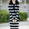 2025 Novo Outono e Inverno Estilo Coreano Listras Contrastantes Longo Lã Suéter Capuz Tricotado Vestido Suéter de Lã Feminino