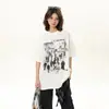 Camiseta Redonda Estampada Versátil Estilo Americano High Street Tendência de Verão para Homens e Mulheres, Top Soltinho de Manga Curta para Casais com Manga Três Quartos