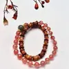 Pulsera de Palo de Rosa con Piedra Shoushan y Pelo de Conejo Rojo, Pulsera de Doble Círculo, Joyería Retro Estilo Chino Nuevo al por Mayor