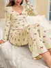 Pijamas Europeus e Americanos Transfronteiriços da Amazon para Mulheres com Calças de Laço e Conjuntos de Manga Longa Estampados Elásticos Vestíveis para Casa
