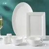 Louça Branca Pura Estilo Europeu Tigela Simples para Arroz Doméstico Exportação Tigela de Cerâmica Hotel Tigela de Sopa Gravada e Prato Peças Combinadas