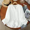 Camisa floral de gaze de algodão dupla camada com decote em V para mulheres, manga longa, estilo artístico vintage, macia, hipoalergênica, respirável, algodão puro, top de corte solto MHT