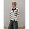 Blusa de tricô ummoimoi estilo coreano com gola polo, blocos de cor listrados, manga longa para mulheres, design 2026, corte solto, efeito emagrecedor