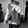 Chaleco suéter sin mangas con cuello en V y bordado de letras estilo Hong Kong para hombre, color liso, perfecto para usar en capas en otoño e invierno, prenda interior de punto, prenda exterior