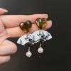 Pendientes vintage de cuentas negras en forma de abanico para mujer, estilo nicho chino, 2024, antiguos, cheongsam