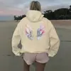 Sudadera de Felpa para Mujer de Comercio Exterior Transfronterizo con Capucha Alada, Bolsillo Canguro Estampado, Cordón de Ajuste y Sudadera con Capucha Estampada