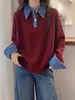 Suéter de retazos de mezclilla con cuello suelto, tipo dos piezas, para mujer, Otoño Invierno 2026, nuevo tejido de punto, top de moda