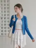 Cardigan Suéter Azul Gola Redonda Feminino 2026 Novo Estilo Jaqueta de Tricô Trançado Outono Estilo Coreano Top Peça de Exterior Pequena