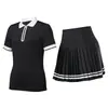 [Conjunto de Falda de Tenis] Top de Manga Corta con Cuello Polo para Mujer, Falda Plisada Deportiva Transpirable para Fitness, Stock Listo para Exportación