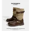 Botas de Meia-Canela Patchwork de Couro Bovino Novo Retro Outono 2026 Botas de Cavaleiro Fashion com Solado Grosso Botas Femininas com Fivela e Salto Bloco